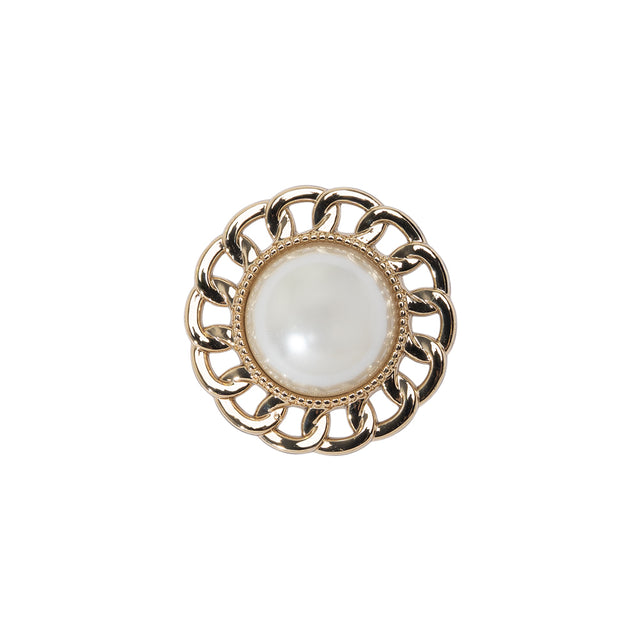 Chain Petal Floral Shank Back Button with Pearl Center - 28L/18mm - Gold and White