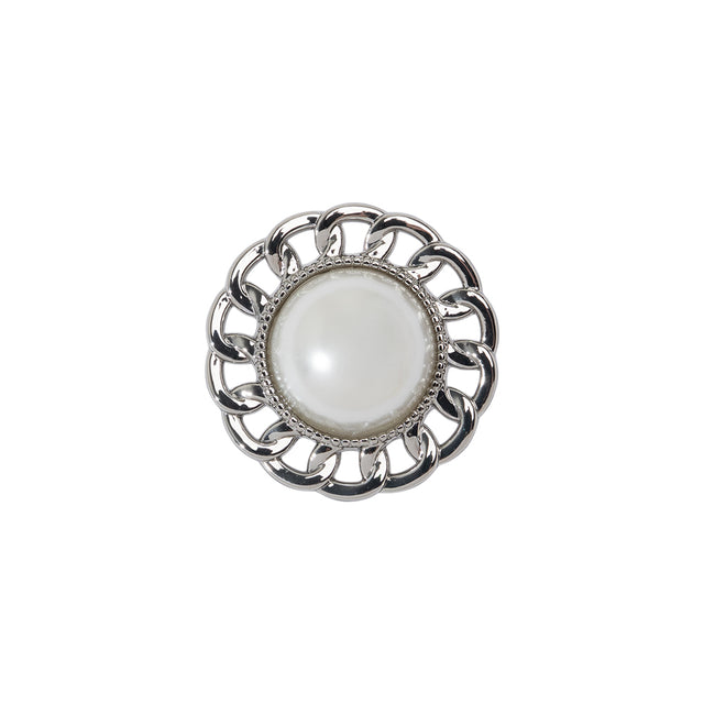 Chain Petal Floral Shank Back Button with Pearl Center - 28L/18mm - Nickel and White