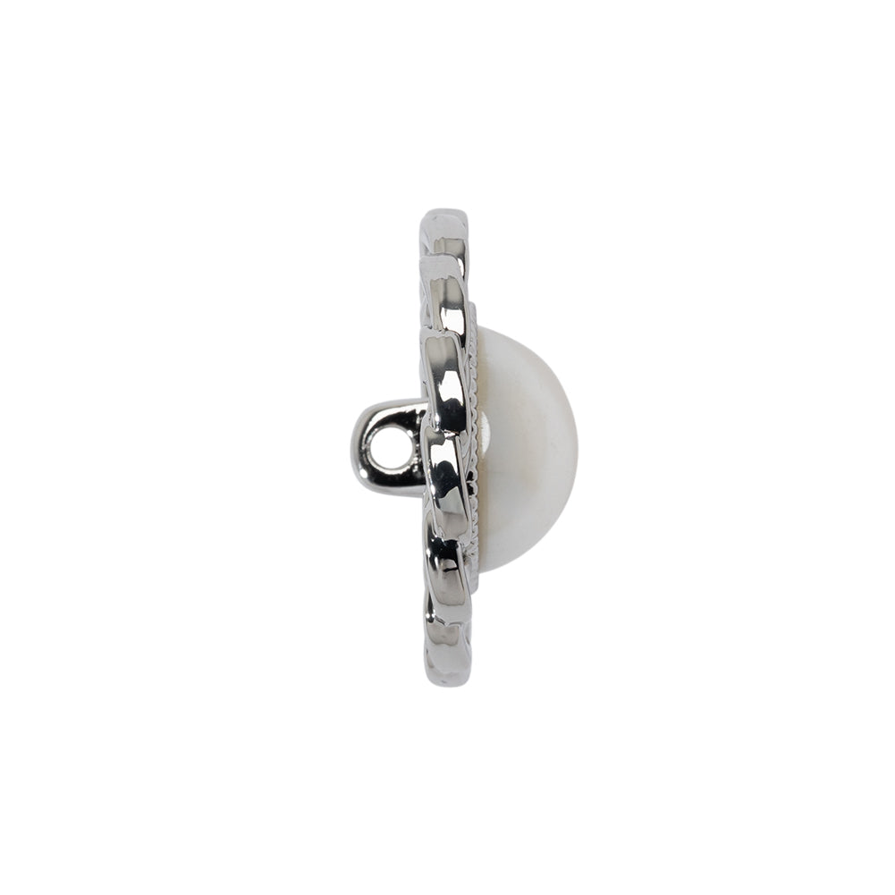 Chain Petal Floral Shank Back Button with Pearl Center - 36L/23mm - Nickel and White