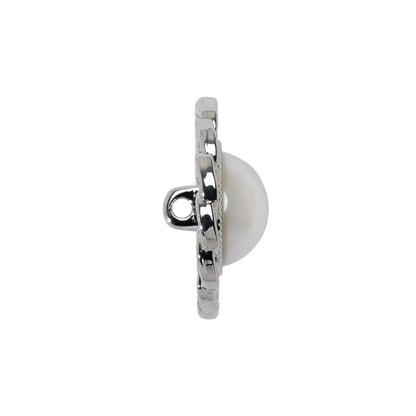 Chain Petal Floral Shank Back Button with Pearl Center - 36L/23mm - Nickel and White