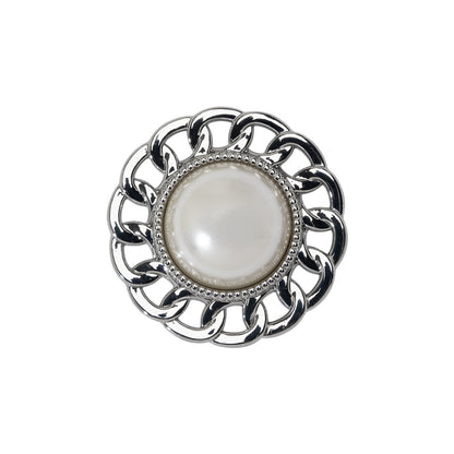 Chain Petal Floral Shank Back Button with Pearl Center - 36L/23mm - Nickel and White