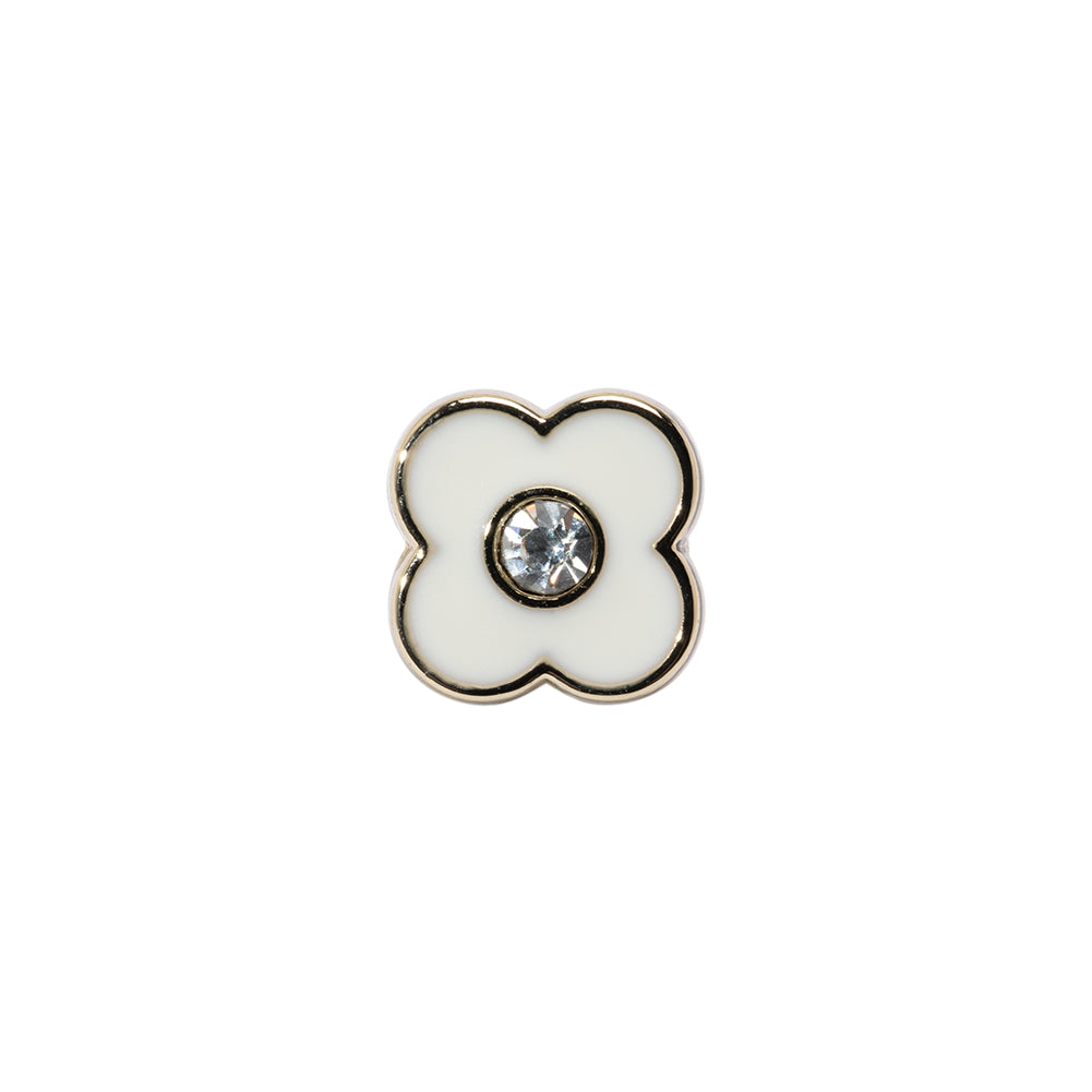 Floral Enameled Metal Shank Back Button with Rhinestone Center - 18L/11.5mm - Gold and White
