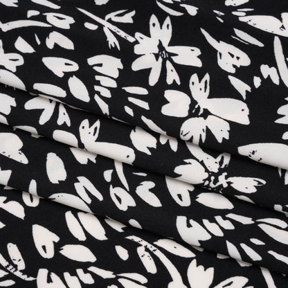 Stretch Polyester Tricot Print - Black and White Floral - Designer Deadstock