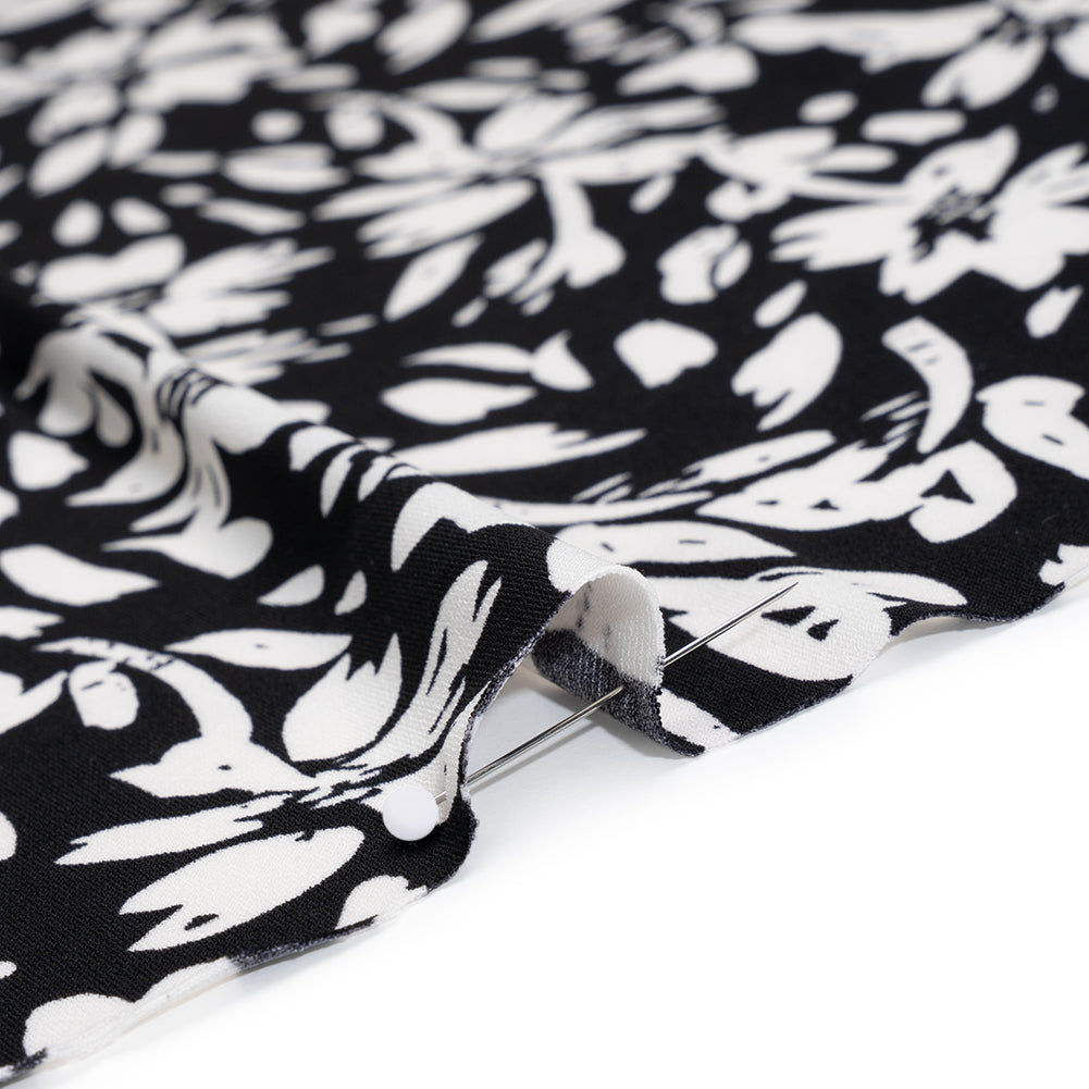 Stretch Polyester Tricot Print - Black and White Floral - Designer Deadstock - Detail