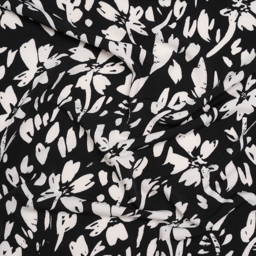 Stretch Polyester Tricot Print - Black and White Floral - Designer Deadstock