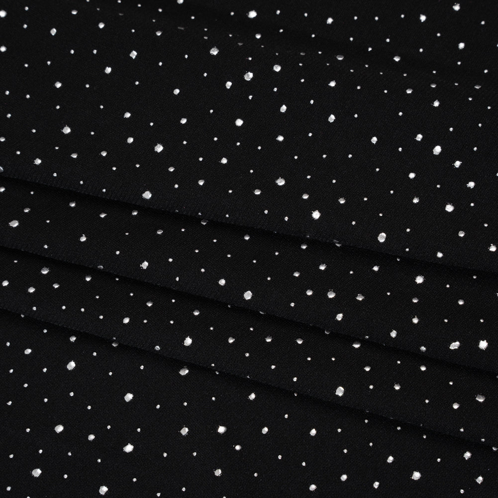 Metallic Stretch Polyester Jersey - Black and Silver Spots - Designer Deadstock - Folded