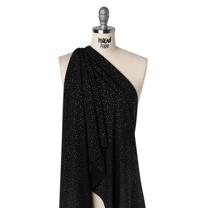 Metallic Stretch Polyester Jersey - Black and Silver Spots - Designer Deadstock
