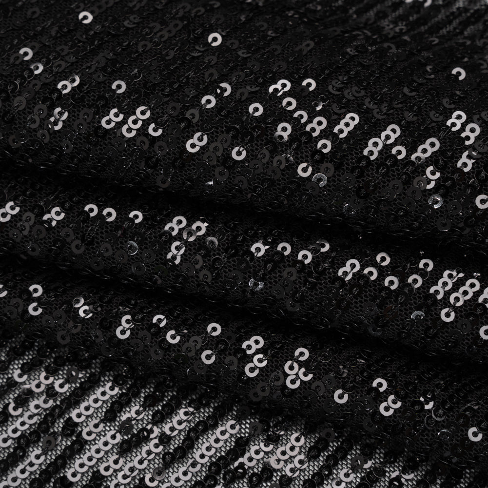 Stretch Polyester Sequins Mesh - Midnight Black Stripes - Designer Deadstock - Folded