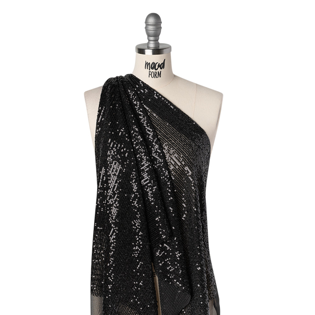 Stretch Polyester Sequins Mesh - Midnight Black Stripes - Designer Deadstock - Drape