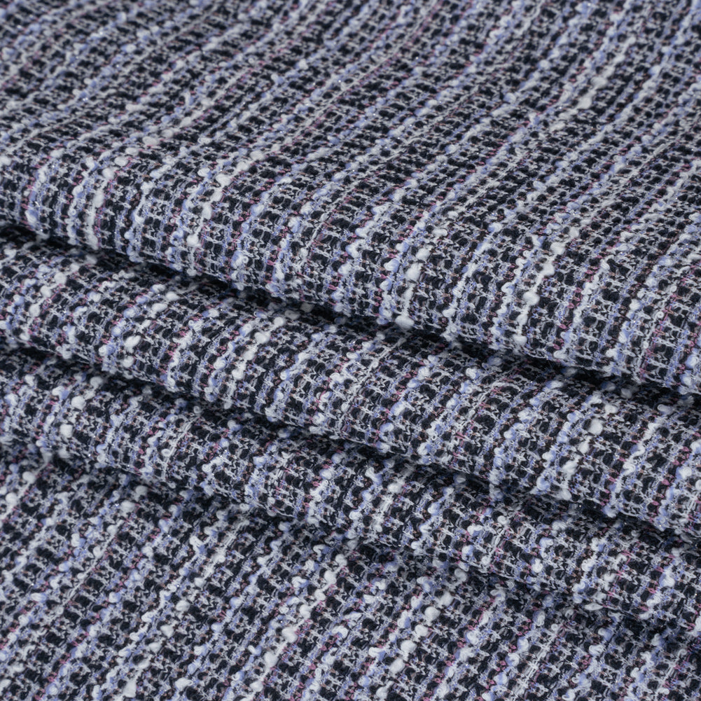 Stretch Polyester Tweed Knit - Black, Lilac Blue and Rose Pink - Designer Deadstock - Folded