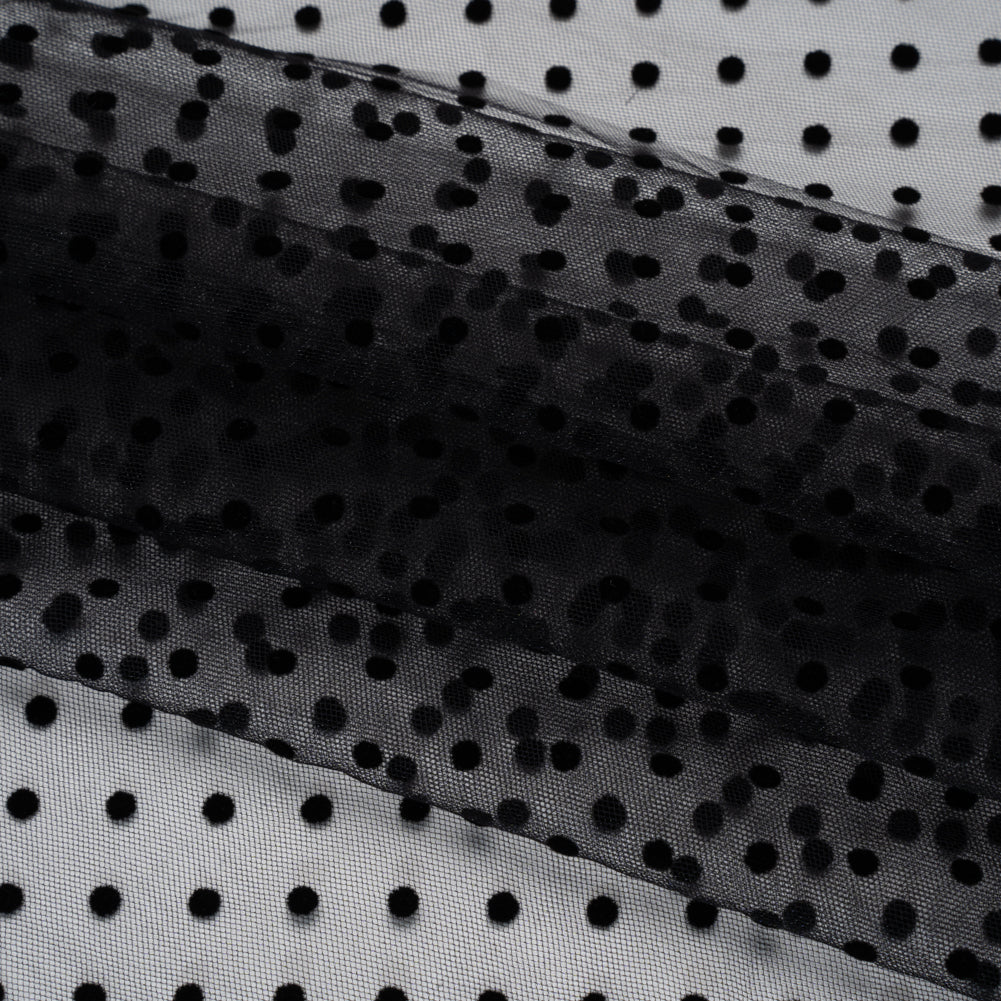 Stretch Nylon Flocked Swiss Dot Tulle - Black Polka Dots - Deadstock - Folded