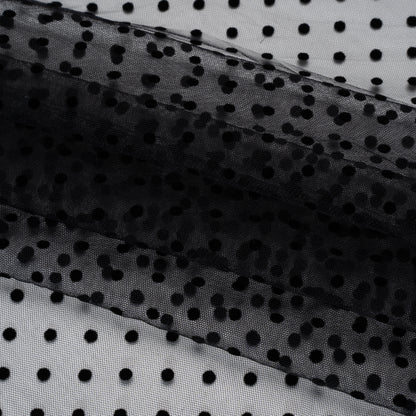 Stretch Nylon Flocked Swiss Dot Tulle - Black Polka Dots - Deadstock