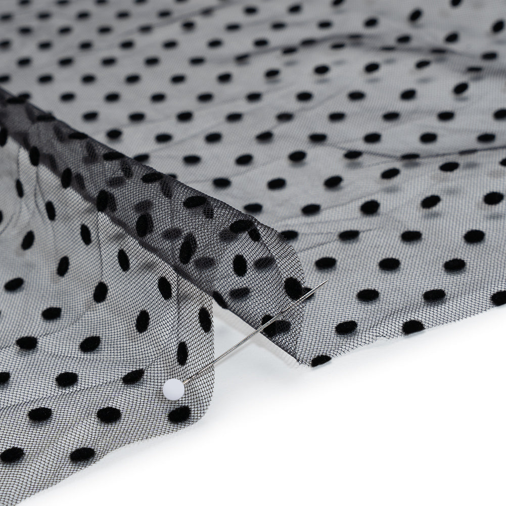 Stretch Nylon Flocked Swiss Dot Tulle - Black Polka Dots - Deadstock - Detail