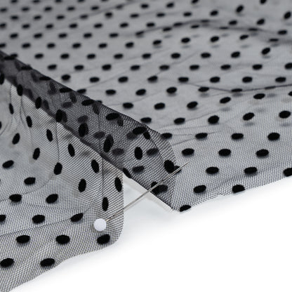 Stretch Nylon Flocked Swiss Dot Tulle - Black Polka Dots - Deadstock