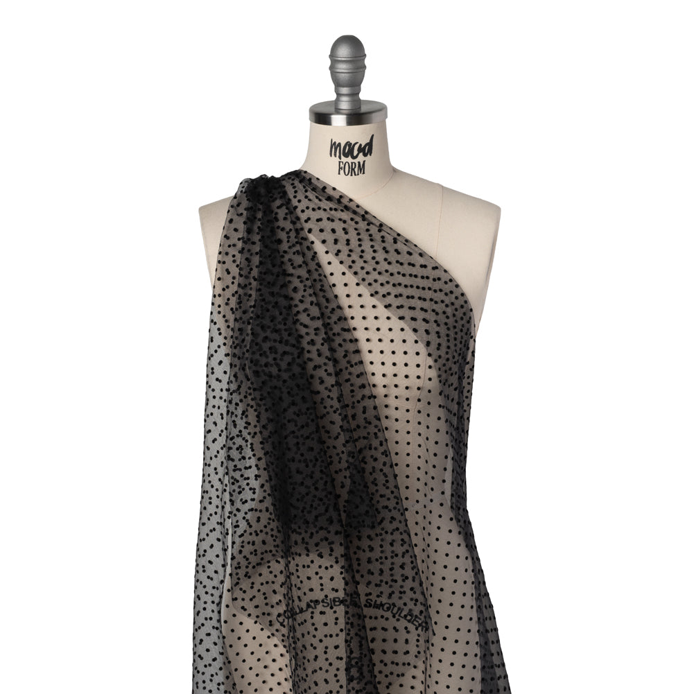 Stretch Nylon Flocked Swiss Dot Tulle - Black Polka Dots - Deadstock - Drape