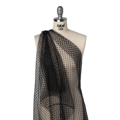 Stretch Nylon Flocked Swiss Dot Tulle - Black Polka Dots - Deadstock