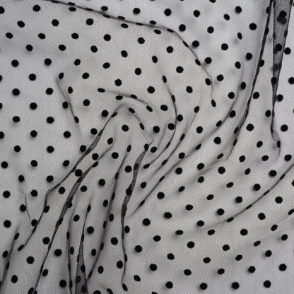 Stretch Nylon Flocked Swiss Dot Tulle - Black Polka Dots - Deadstock