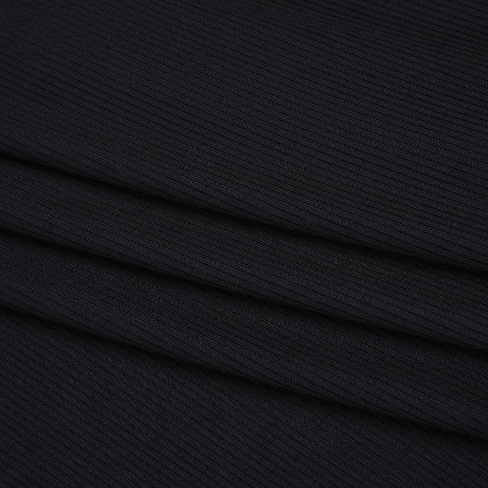 Stretch Rayon Rib Knit - Soft Black - Designer Deadstock - Folded