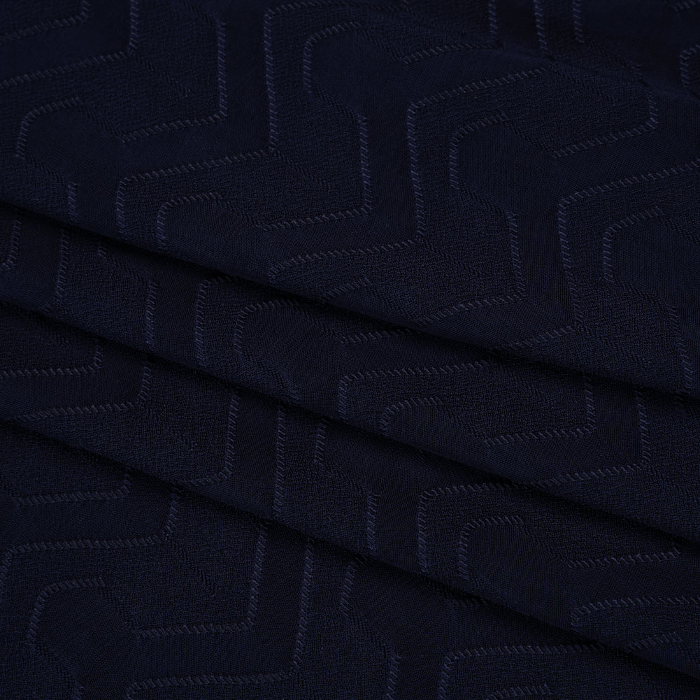 Stretch Polyester Jacquard Knit - Deep Navy Blue Geometric Lines - Designer Deadstock - Folded