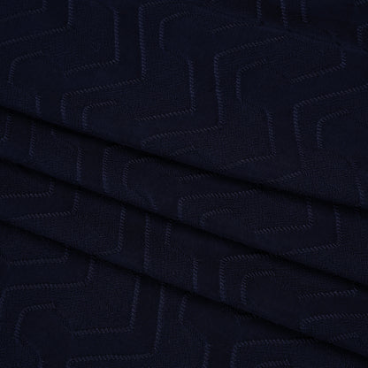 Stretch Polyester Jacquard Knit - Deep Navy Blue Geometric Lines - Designer Deadstock
