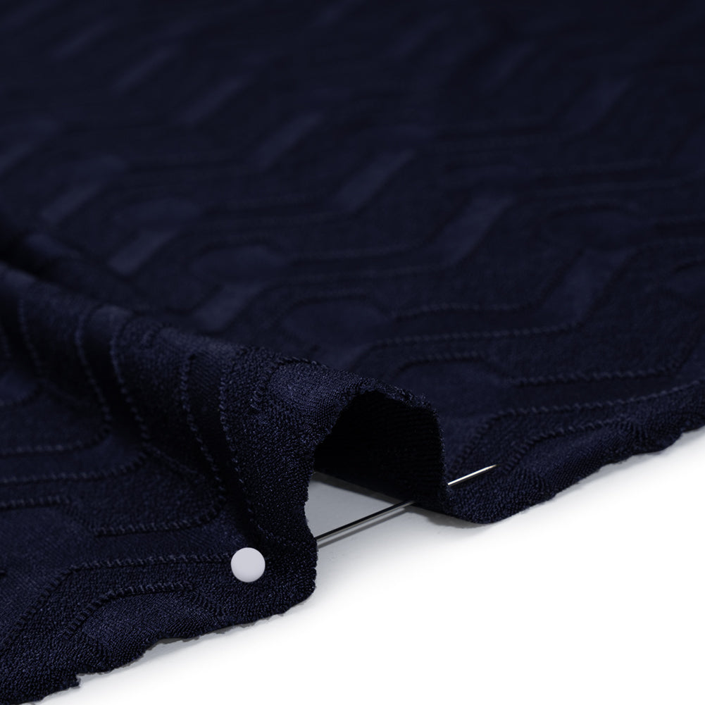 Stretch Polyester Jacquard Knit - Deep Navy Blue Geometric Lines - Designer Deadstock - Detail