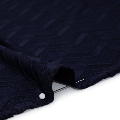Stretch Polyester Jacquard Knit - Deep Navy Blue Geometric Lines - Designer Deadstock