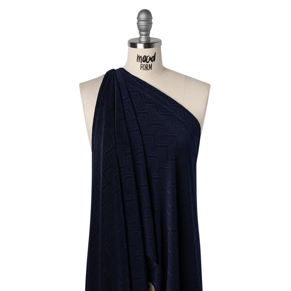 Stretch Polyester Jacquard Knit - Deep Navy Blue Geometric Lines - Designer Deadstock - Drape