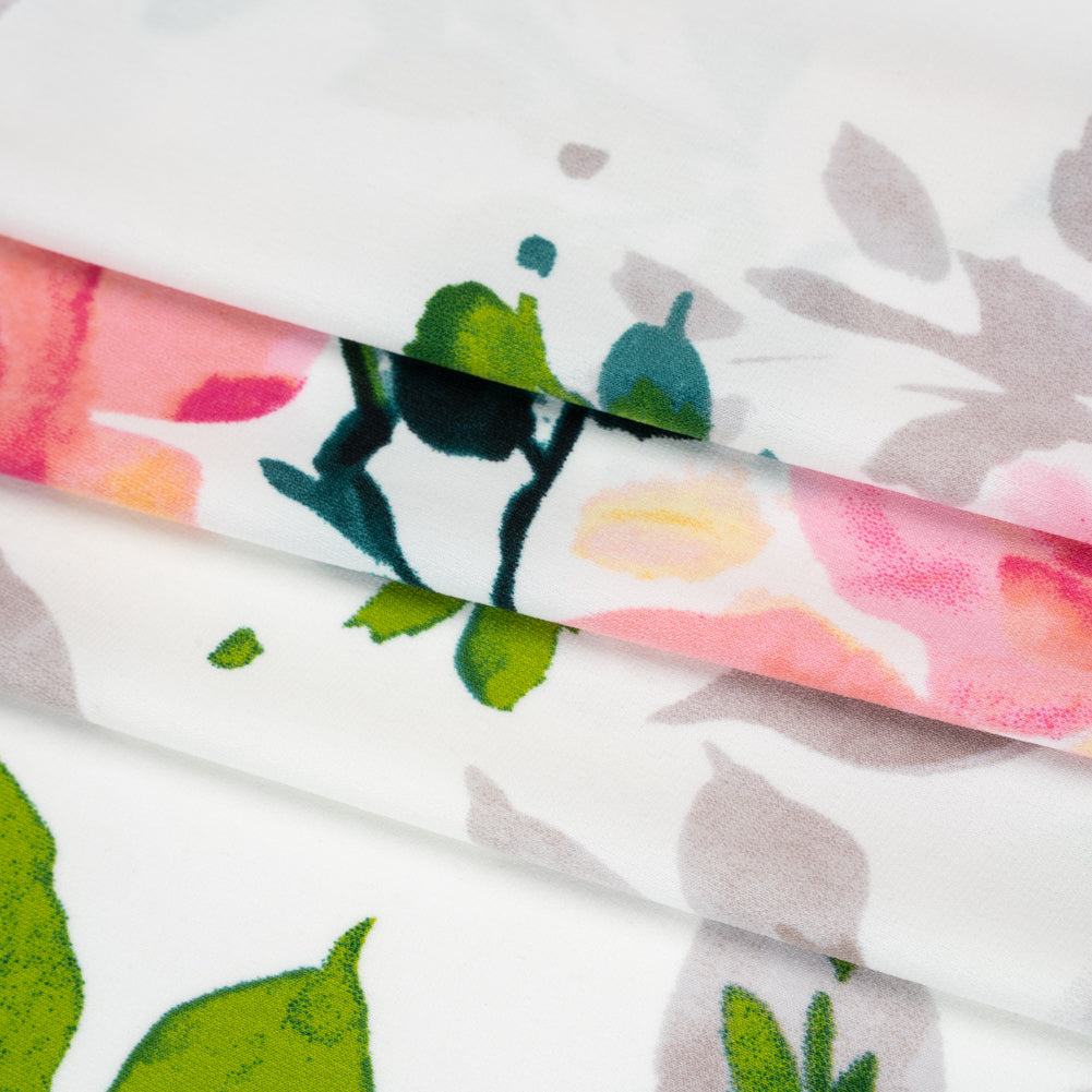 Stretch Polyester Tricot Print - Baby Pink, Sunlight Yellow and Dark Teal Green Watercolor Floral - Designer Deadstock - Folded