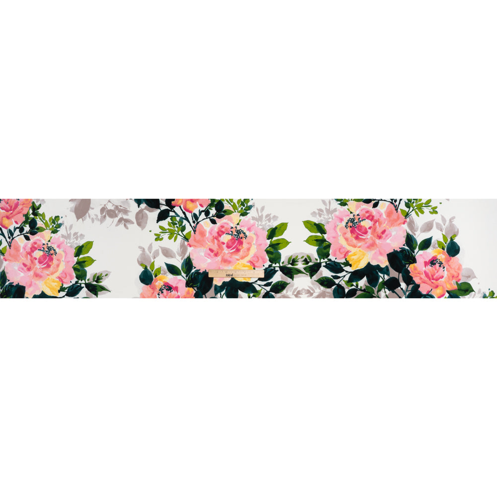 Stretch Polyester Tricot Print - Baby Pink, Sunlight Yellow and Dark Teal Green Watercolor Floral - Designer Deadstock - Full
