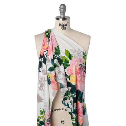 Stretch Polyester Tricot Print - Baby Pink, Sunlight Yellow and Dark Teal Green Watercolor Floral - Designer Deadstock
