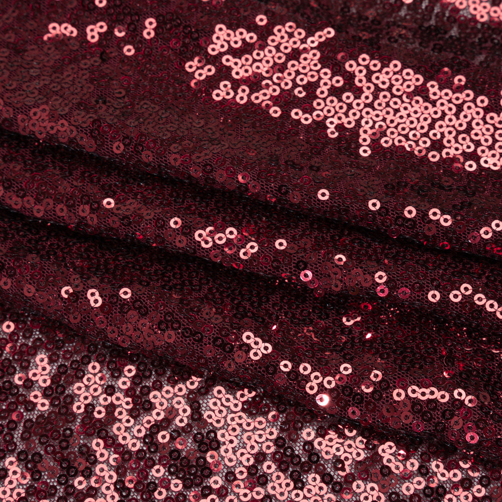 All Over Sequins Stretch Polyester Mesh - Burgundy Wine - Designer Deadstock - Folded