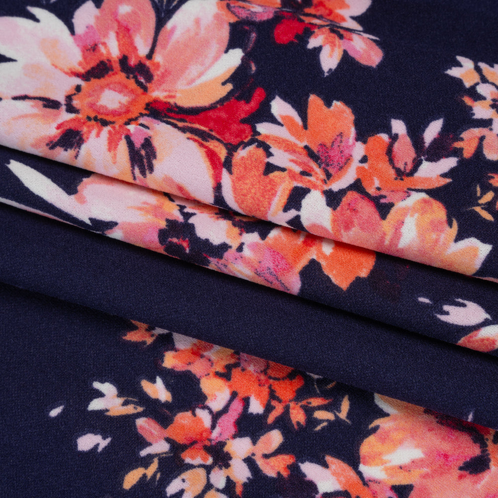 Stretch Polyester Crepe Double Knit Print - Midnight Blue, Baby Pink, Coral Orange Floral - Designer Deadstock - Folded