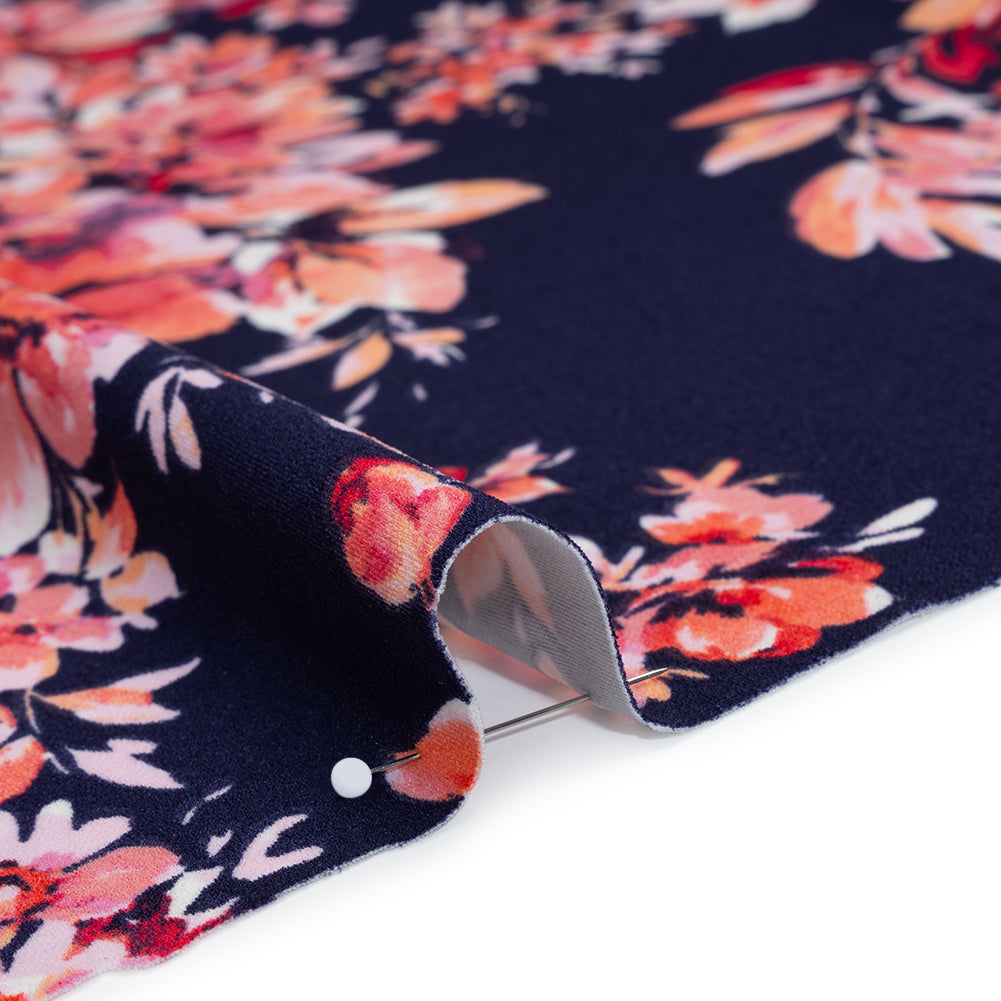 Stretch Polyester Crepe Double Knit Print - Midnight Blue, Baby Pink, Coral Orange Floral - Designer Deadstock - Detail