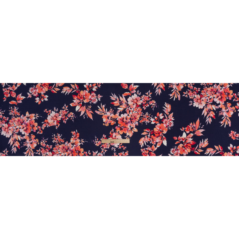 Stretch Polyester Crepe Double Knit Print - Midnight Blue, Baby Pink, Coral Orange Floral - Designer Deadstock - Full