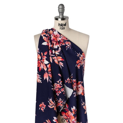 Stretch Polyester Crepe Double Knit Print - Midnight Blue, Baby Pink, Coral Orange Floral - Designer Deadstock