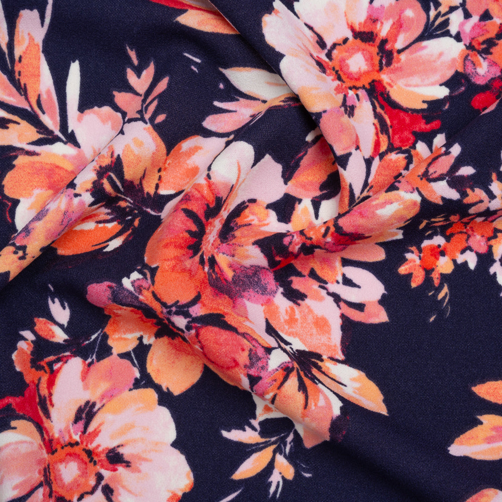 Stretch Polyester Crepe Double Knit Print - Midnight Blue, Baby Pink, Coral Orange Floral - Designer Deadstock