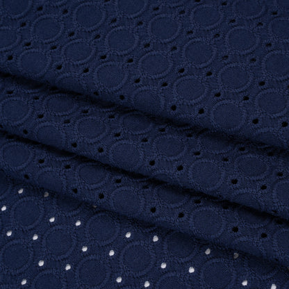Stretch Polyester Embroidered Eyelet Jersey - Deep Sea Blue Circles and Dots - Designer Deadstock