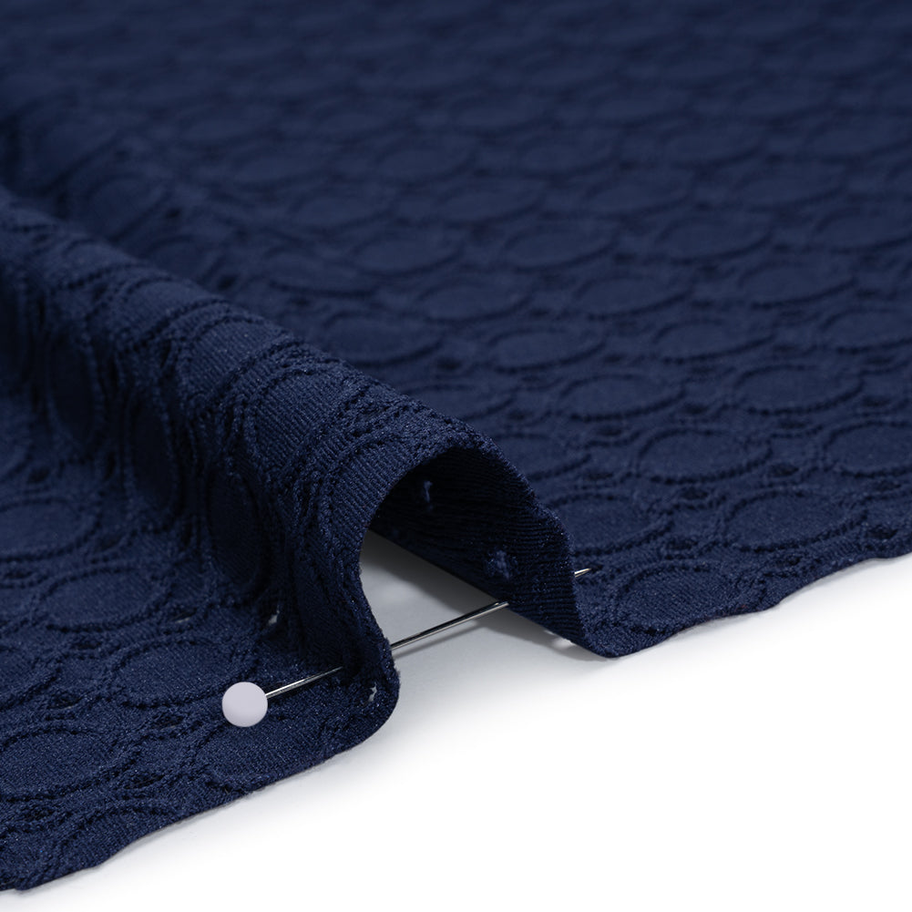 Stretch Polyester Embroidered Eyelet Jersey - Deep Sea Blue Circles and Dots - Designer Deadstock - Detail