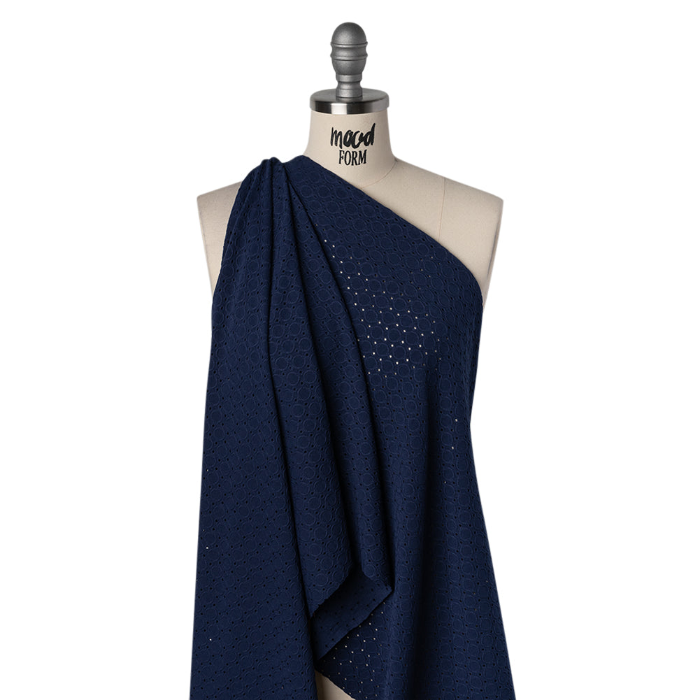 Stretch Polyester Embroidered Eyelet Jersey - Deep Sea Blue Circles and Dots - Designer Deadstock - Drape