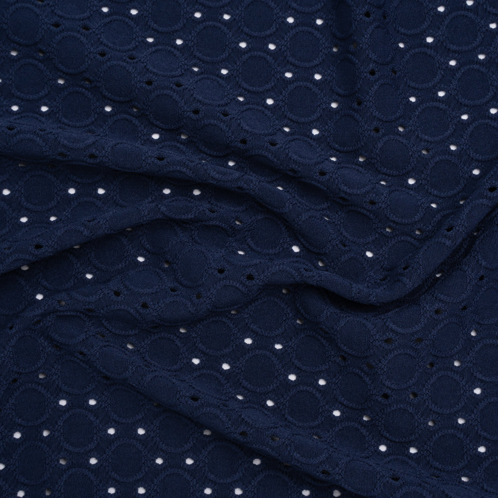 Stretch Polyester Embroidered Eyelet Jersey - Deep Sea Blue Circles and Dots - Designer Deadstock