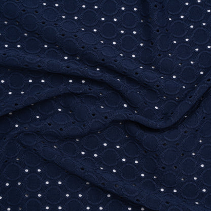 Stretch Polyester Embroidered Eyelet Jersey - Deep Sea Blue Circles and Dots - Designer Deadstock