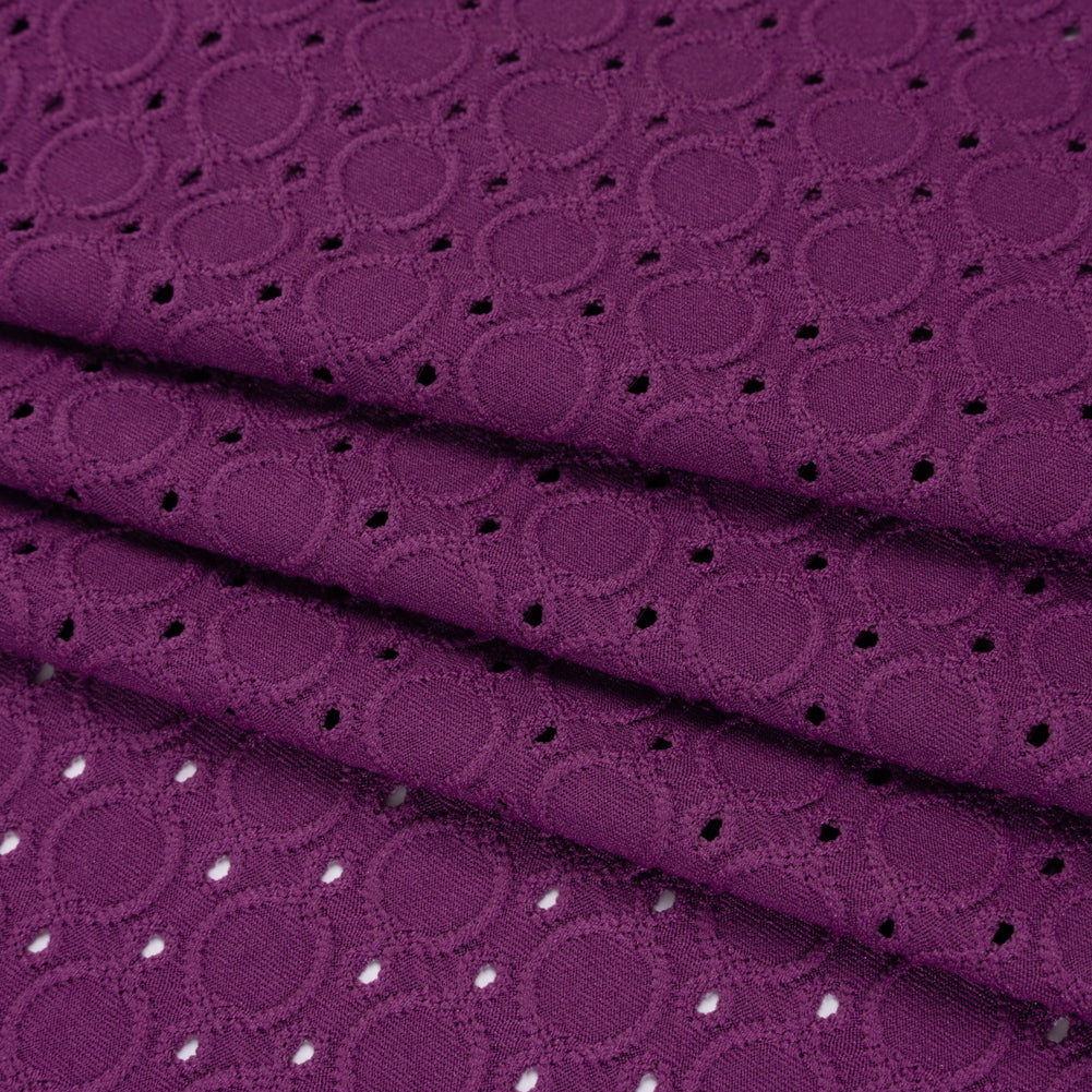Stretch Polyester Embroidered Eyelet Jersey - Orchid Purple Circles and Dots - Designer Deadstock - Folded