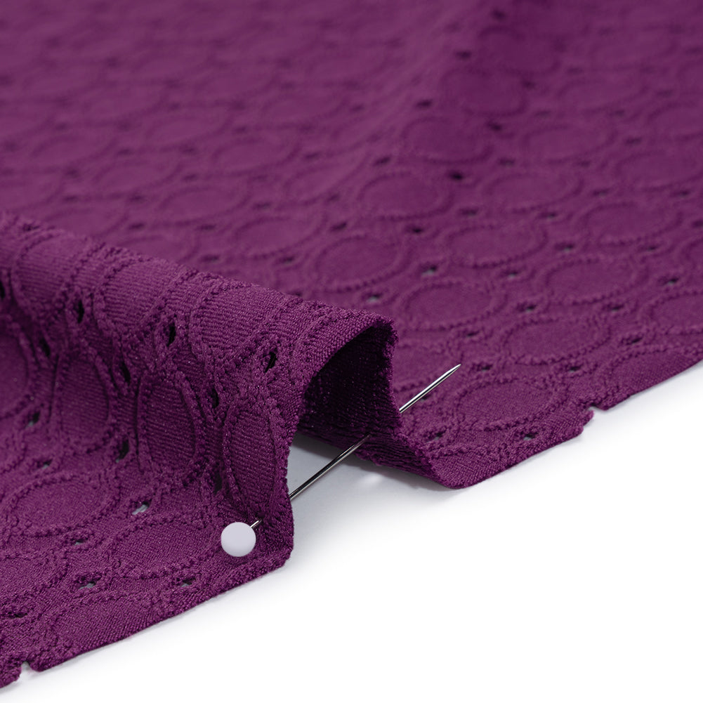 Stretch Polyester Embroidered Eyelet Jersey - Orchid Purple Circles and Dots - Designer Deadstock - Detail