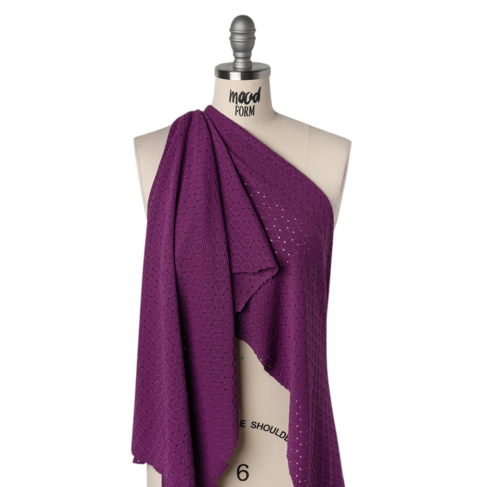 Stretch Polyester Embroidered Eyelet Jersey - Orchid Purple Circles and Dots - Designer Deadstock - Drape