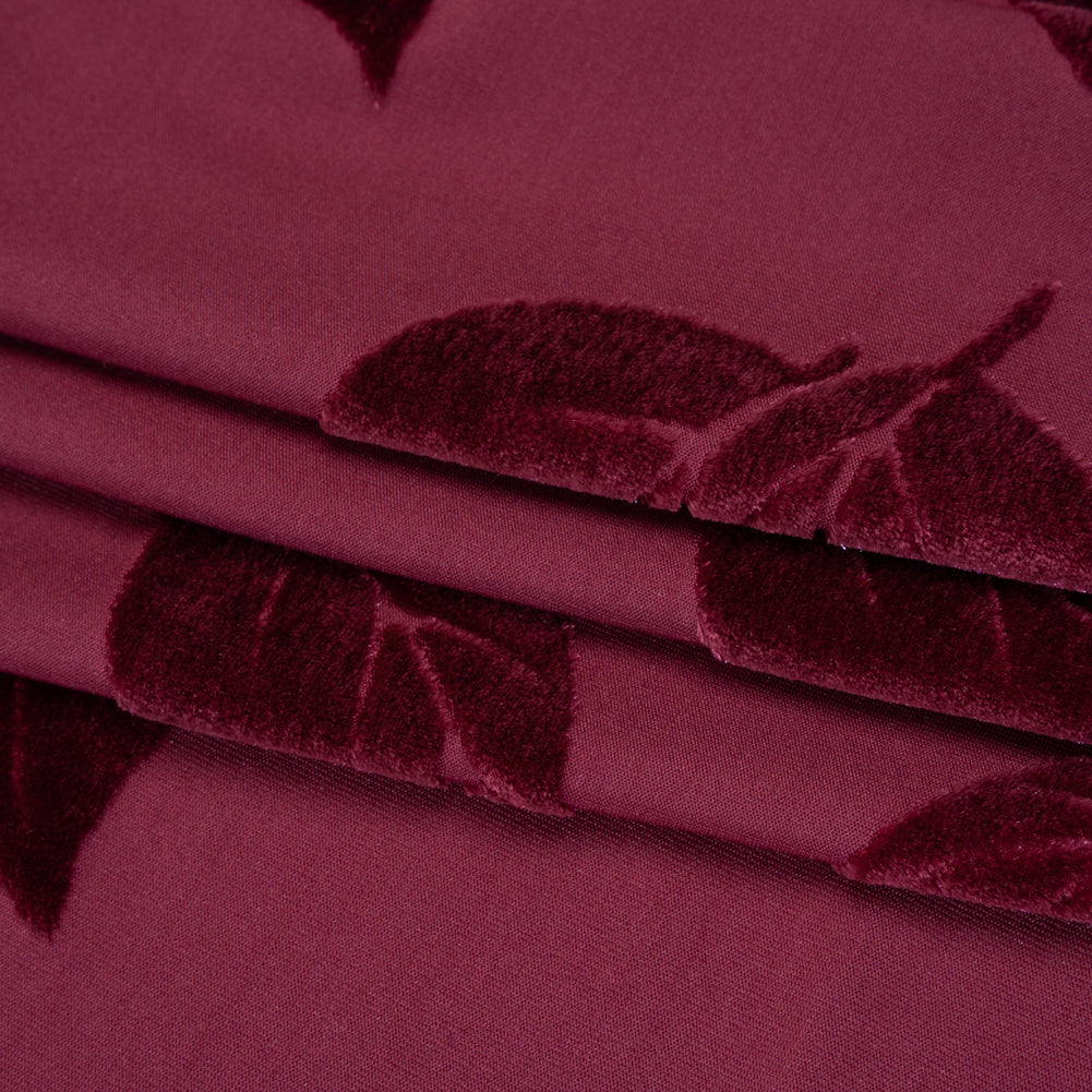 Stretch Polyester Burnout Velour - Berry Red Leaves - Designer Deadstock - Folded