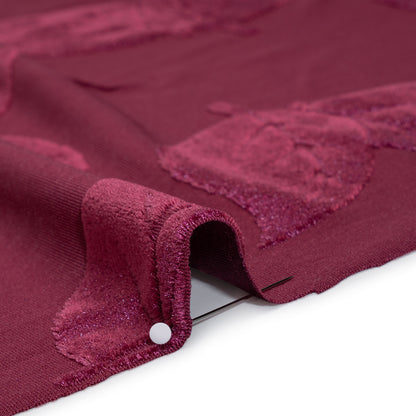 Stretch Polyester Burnout Velour - Berry Red Leaves - Designer Deadstock