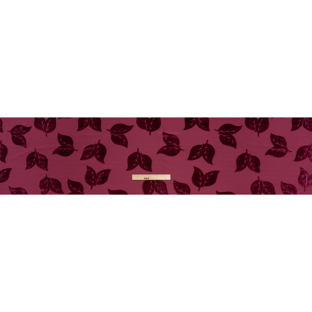 Stretch Polyester Burnout Velour - Berry Red Leaves - Designer Deadstock - Full