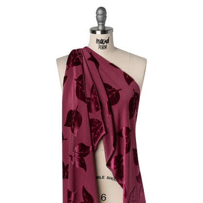 Stretch Polyester Burnout Velour - Berry Red Leaves - Designer Deadstock