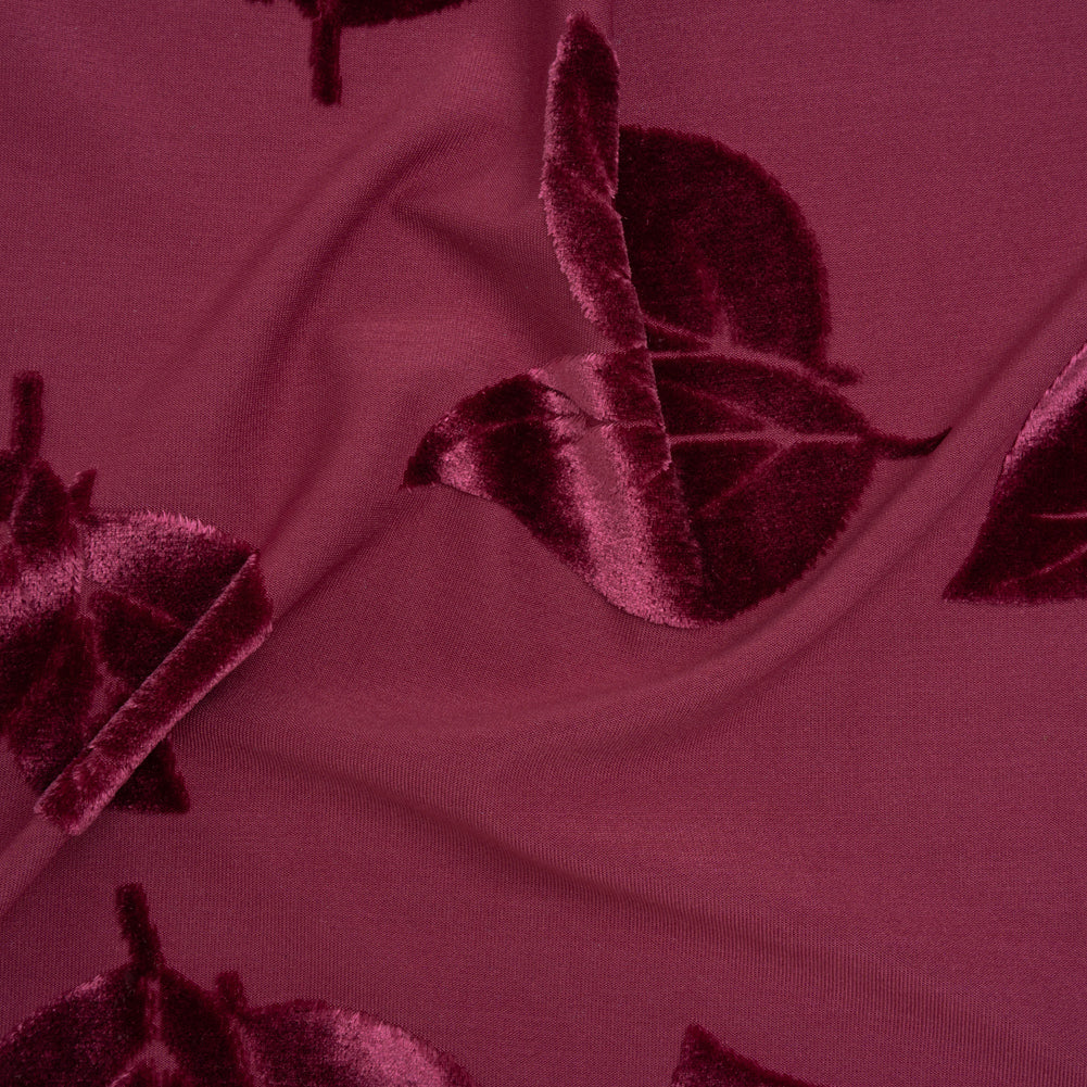 Stretch Polyester Burnout Velour - Berry Red Leaves - Designer Deadstock