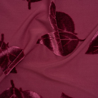 Stretch Polyester Burnout Velour - Berry Red Leaves - Designer Deadstock